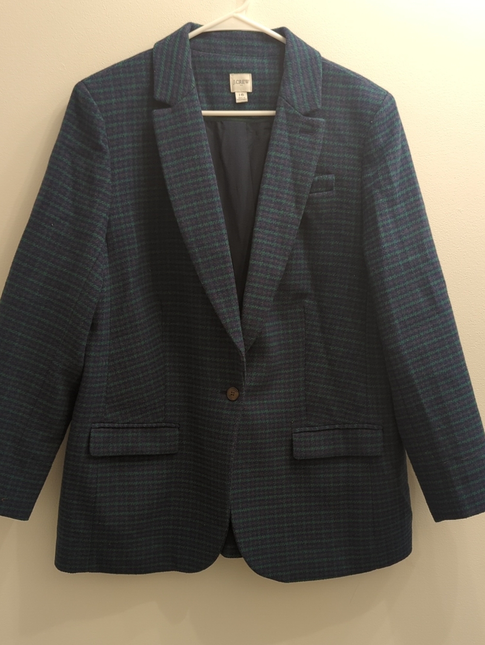 J. Crew Women's Navy, Grey, and Teal Plaid Single-Button Blazer, Size 16